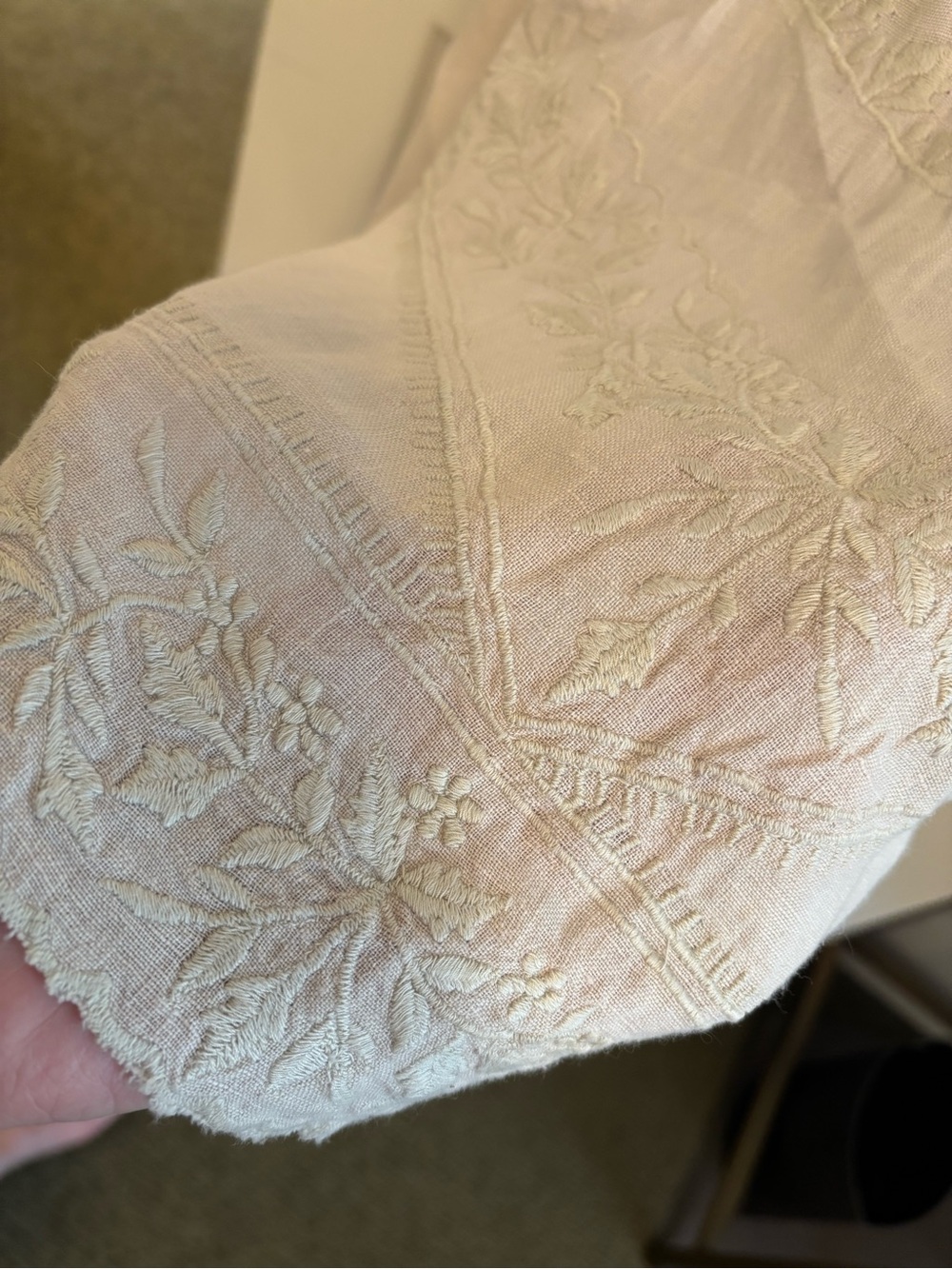 Magnolia Pearl Linen Midi Dress in Light Beige with Cream Embroidery - Picture 9 of 11